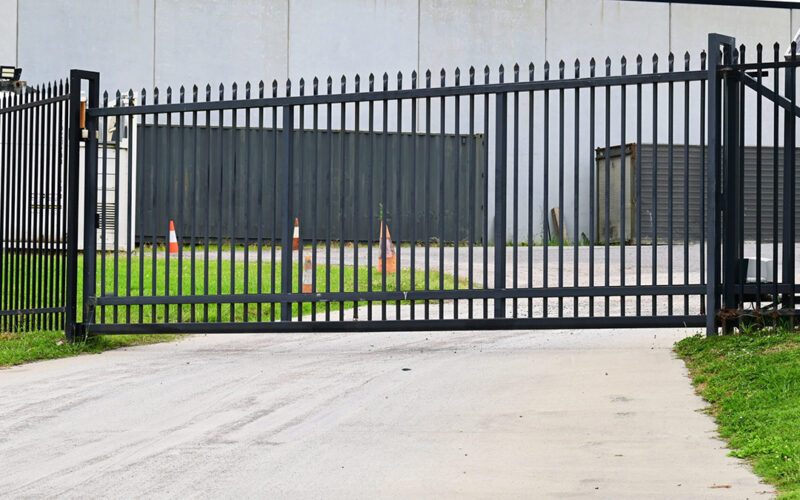 The perimeter security gate on a commercial property