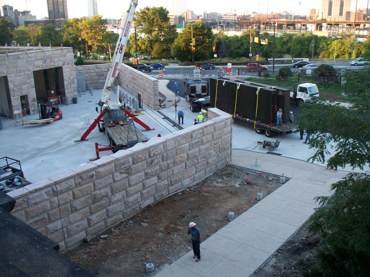 Philadelphia Museum of Art gate installation beginning, crane in place