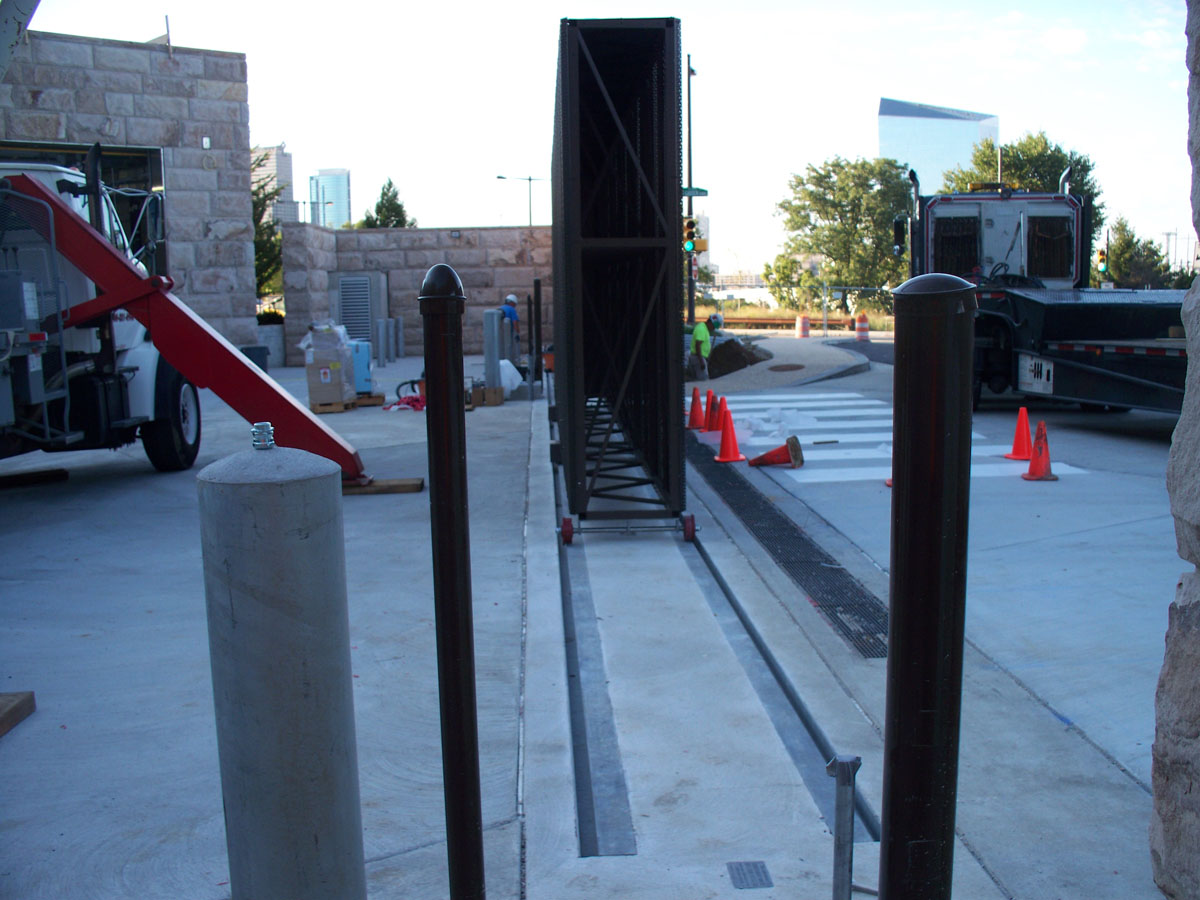 Philadelphia Museum of Art gate installation gate in place on track from a different angle