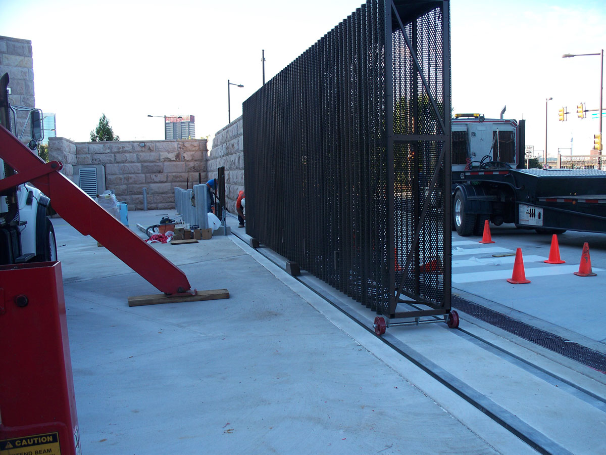 Philadelphia Museum of Art gate installation gate in place on track from a third angle