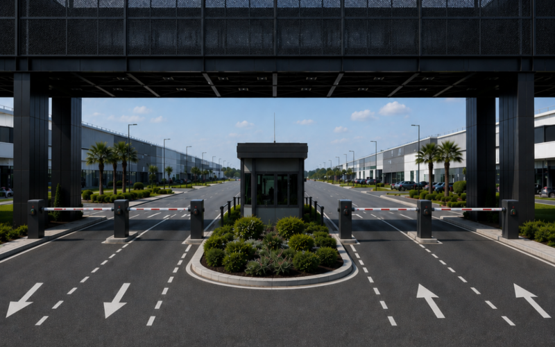 An entrance to a commercial property has multi-lane entry and exit security gates