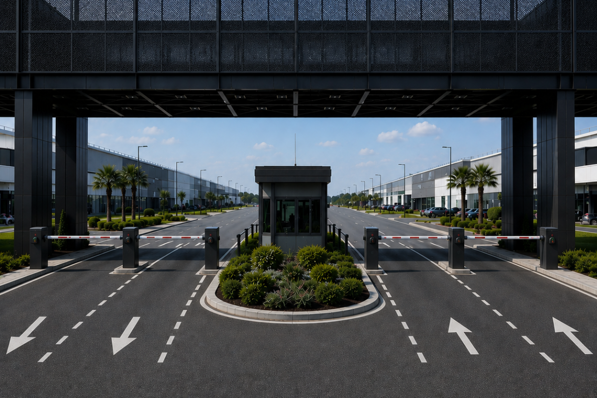 An entrance to a commercial property has multi-lane entry and exit security gates